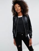 Asos Cracked Leather Look Bomber Jacket - Black