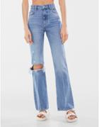 Bershka Ripped Stretch Flare Jean In Blue-blues