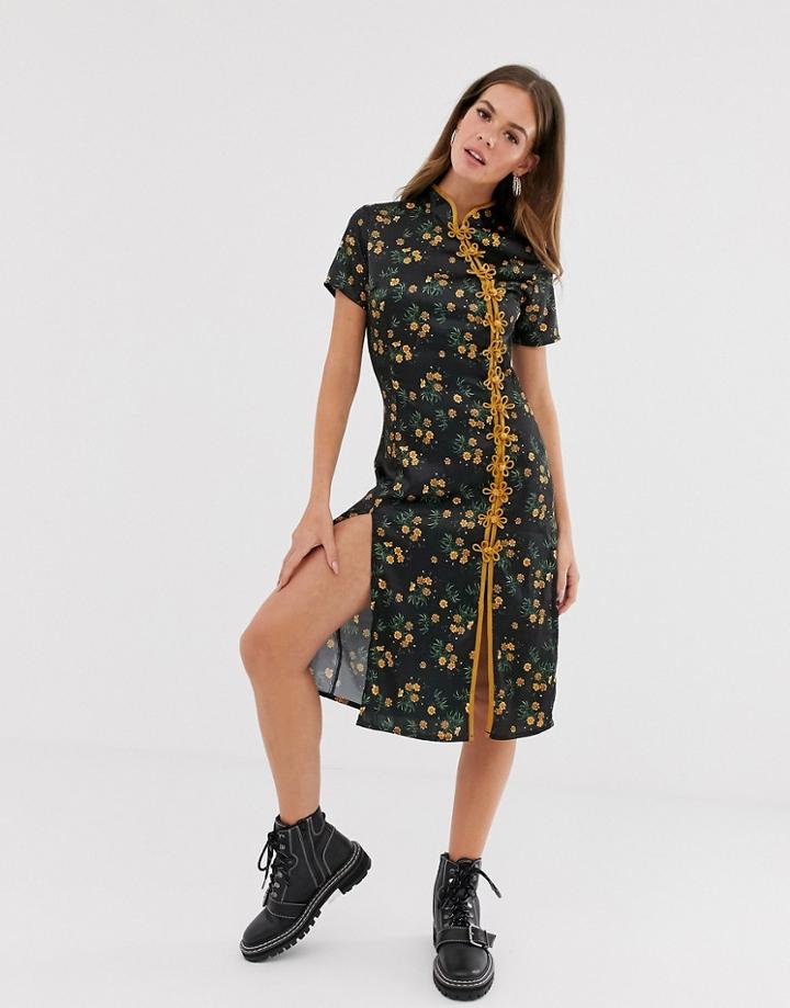 Sacred Hawk Mandarin Midi Dress With Contrast Frogging-black
