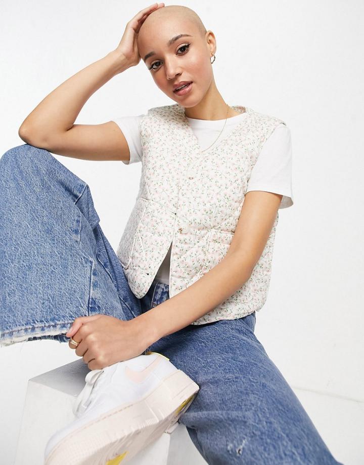 Monki Nana Recycled Quilted Button Down Vest In Off White