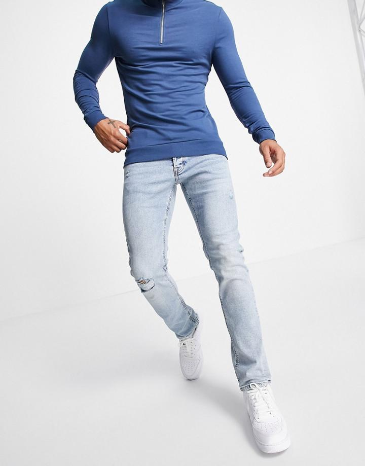 Jack & Jones Intelligence Glenn Slim Jeans With Rips In Light Blue-blues