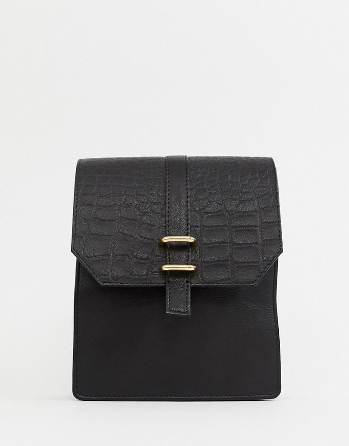 Asos Design Leather Croc Mix Messenger Bag - Black