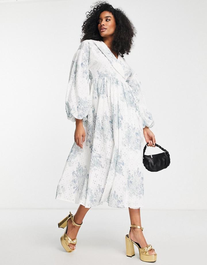 Asos Edition Wrap Smock Printed Broderie Midi Dress With Collar In White