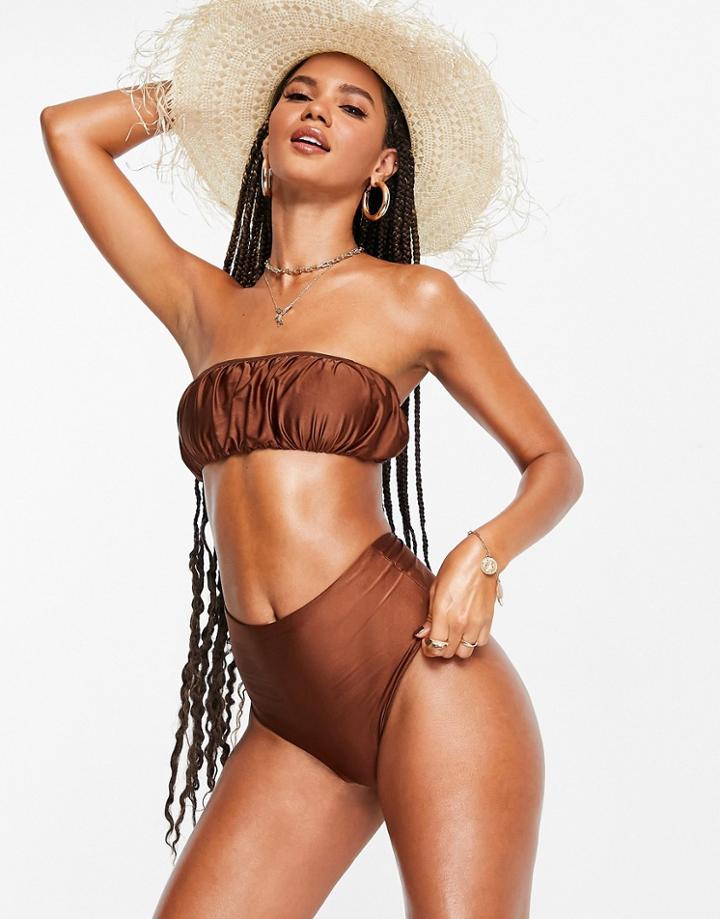 Asos Design Mix And Match Slinky Ruched Bandeau Bikini Top In Brown