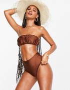 Asos Design Mix And Match Slinky Ruched Bandeau Bikini Top In Brown