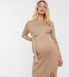 New Look Maternity Tie Waist Rib Midi Dress In Camel-brown