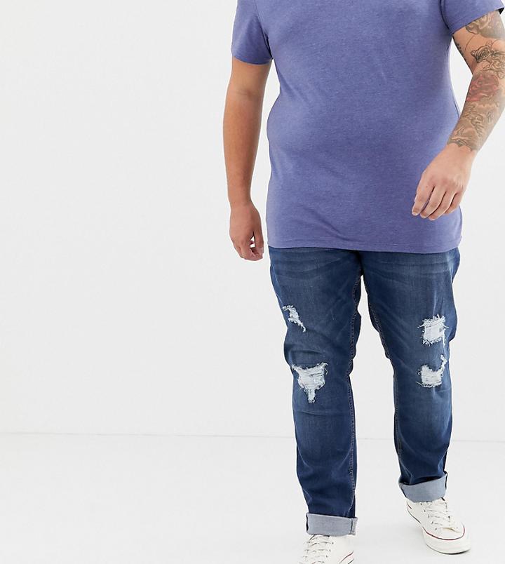 Jacamo Plus Rip & Repair Jeans In Indigo Wash - Navy