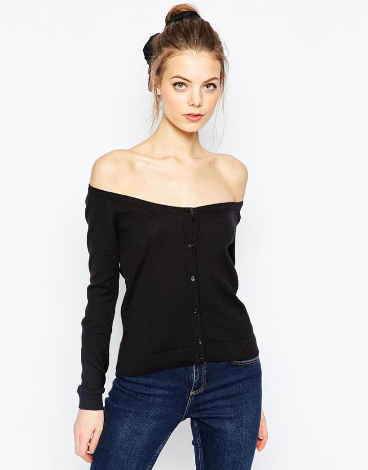 Asos Cardigan In Fine Knit Off Shoulder Shape - Black