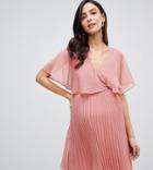 Asos Design Maternity Flutter Sleeve Mini Dress With Pleat Skirt-pink