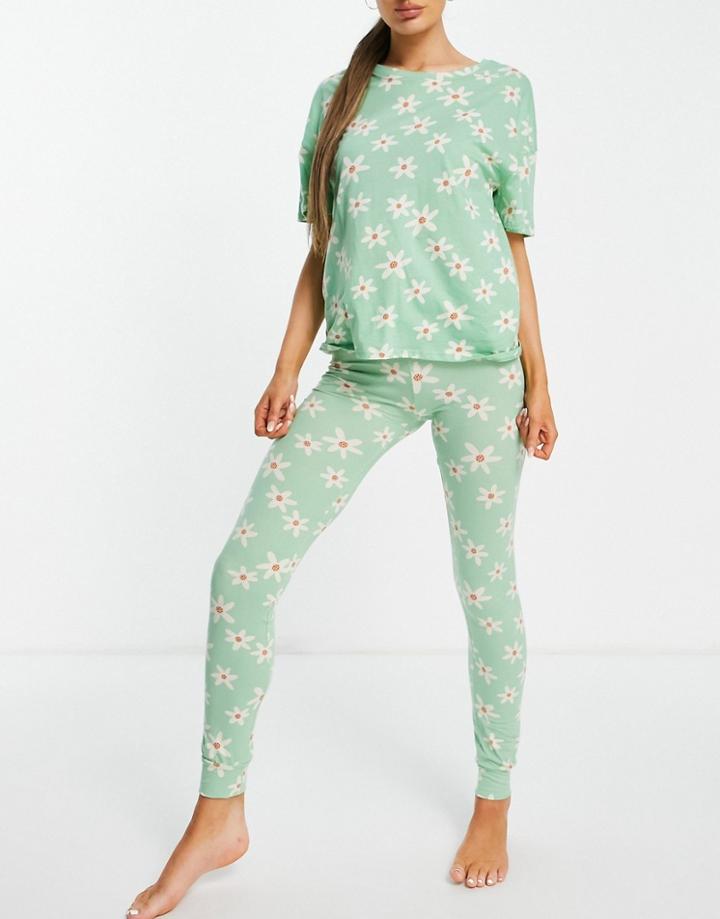 Lindex Exclusive Josie Organic Cotton Daisy Print T-shirt And Legging Set In Sage Green
