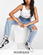 Asos Design Hourglass High Rise 'original' Mom Jeans In Midwash With Rips-blues