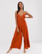 Asos Design Minimal Beach Jumpsuit With Strappy Back In Ginger-brown