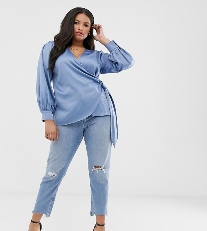 Fashion Union Plus Wrap Front Blouse In Satin-blue