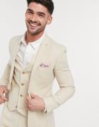 Asos Design Wedding Super Skinny Suit Jacket In Stretch Cotton Linen In Stone Houndstooth-neutral