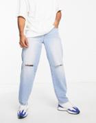 Asos Design Baggy Jeans In Mid Wash Blue With Knee Rips-blues