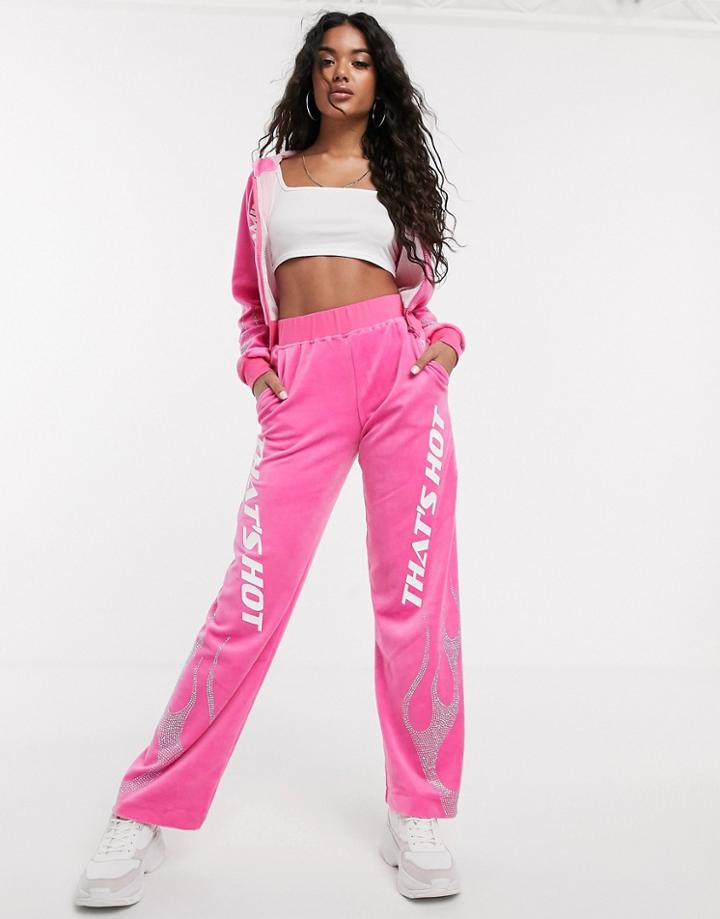 Namilia Velour Sweatpants With Rhinestone Flames - Pink