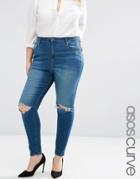 Asos Curve High Waist Ridley Skinny Jeans In Mahogony Dark Wash With Rip - Blue