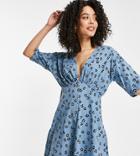 Asos Design Tall Tea Dress With Horn Buttons In Blue Based Floral-blues