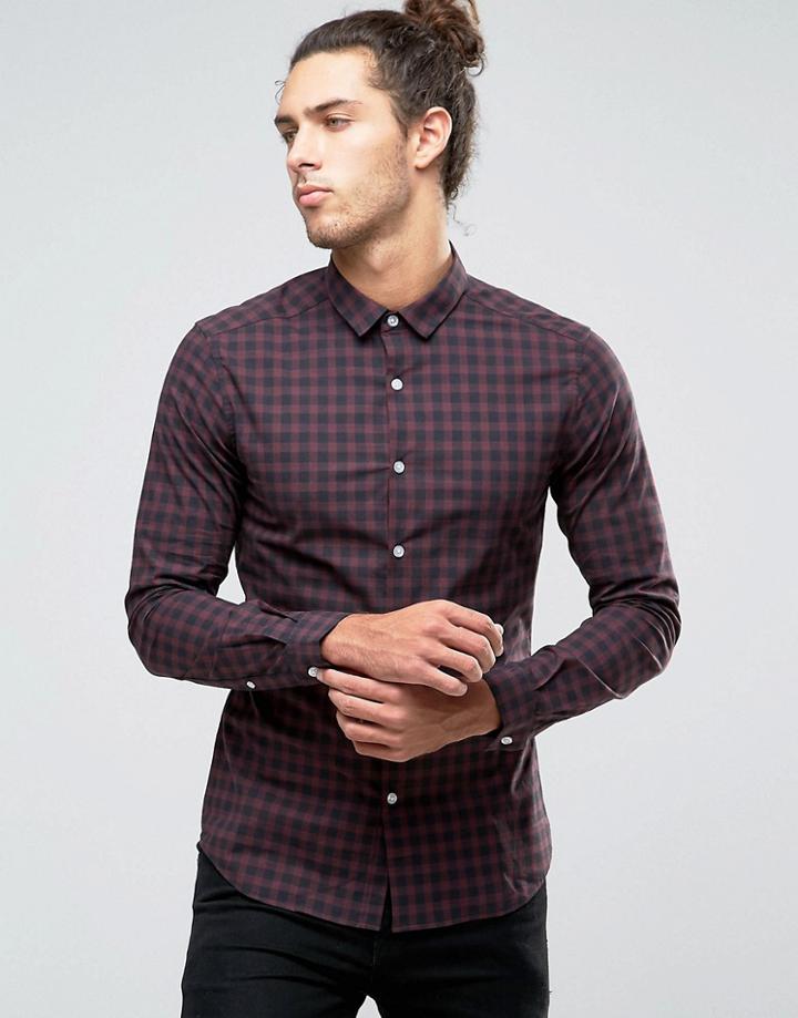 Asos Skinny Shirt In Burgundy Check - Red