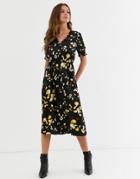 Influence Shirred Sleeve Satin Midi Dress With Button Front In Leopard Print