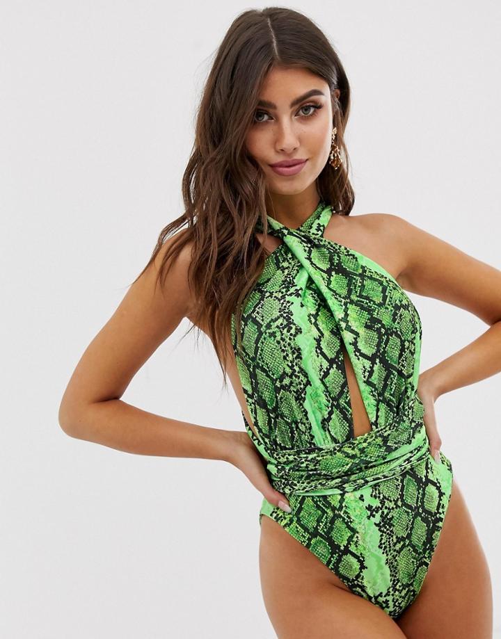 Prettylittlething Multiway Plunge Swimsuit In Neon Green Snake - Multi