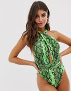 Prettylittlething Multiway Plunge Swimsuit In Neon Green Snake - Multi