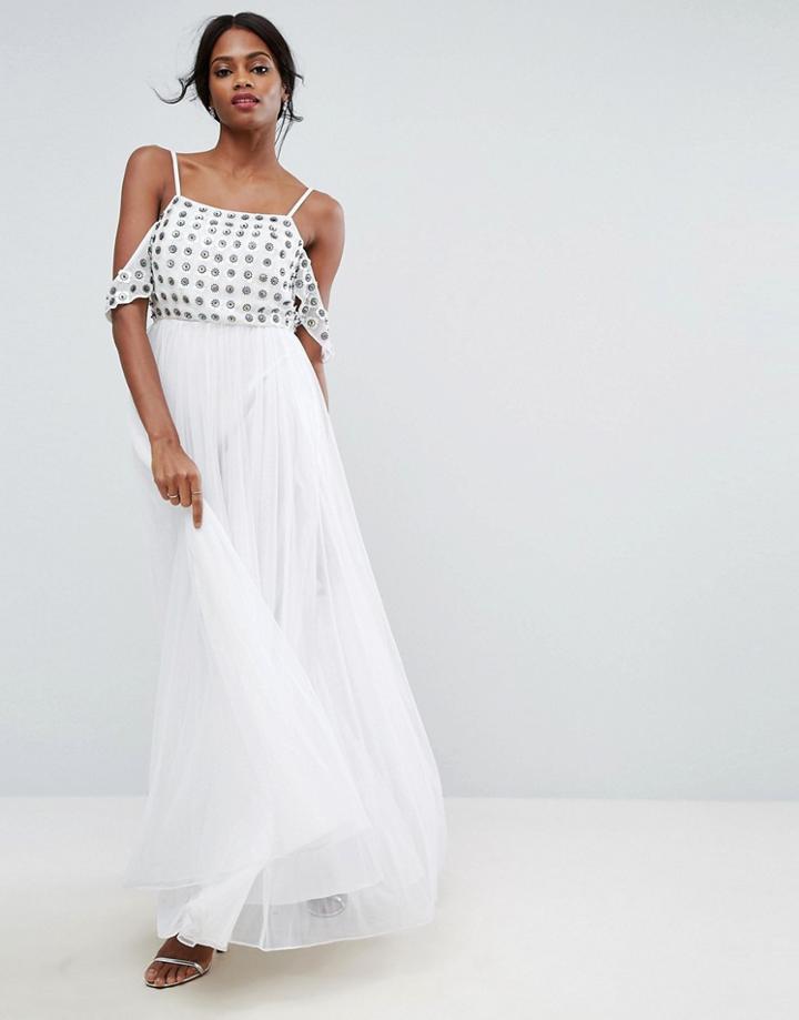 Asos Cold Shoulder Floral Embellished Tulle Maxi Dress - White