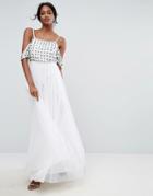 Asos Cold Shoulder Floral Embellished Tulle Maxi Dress - White