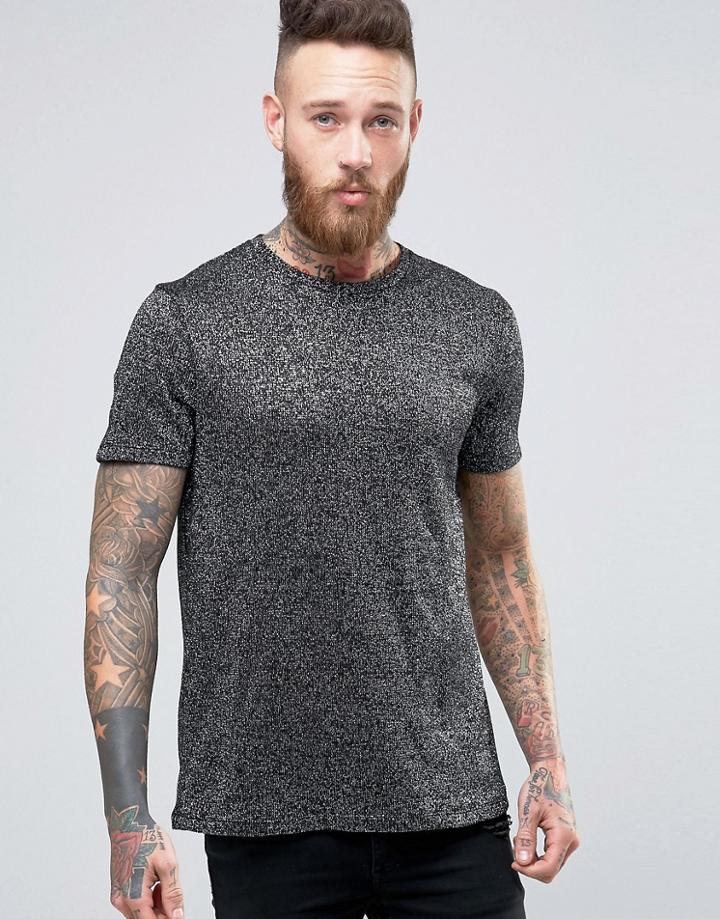 Asos Knitted Premium T-shirt In Silver And Black Metallic Look - Silve