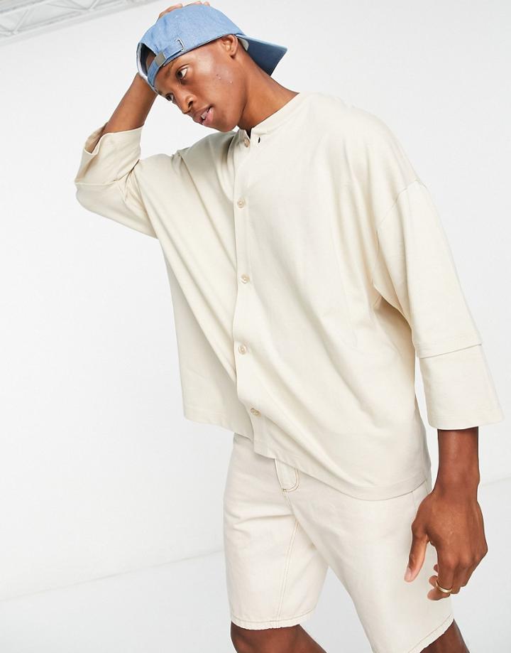 Asos Desgin Oversized Jersey Shirt With Double Layer Sleeve In Beige-neutral