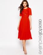 Asos Tall Midi Skater Dress With Lace And Pleat - Red