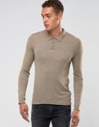 Asos Knitted Muscle Fit Polo In Oatmeal - Beige