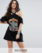 Sacred Hawk T-shirt Dress With Sequin Guns N' Roses Print And Distressed Neck - Black