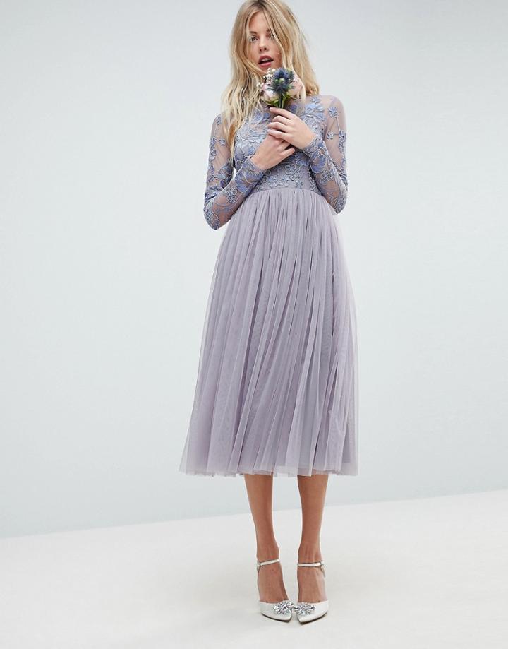 Asos Wedding Embroidered Mesh Midi Dress - Blue