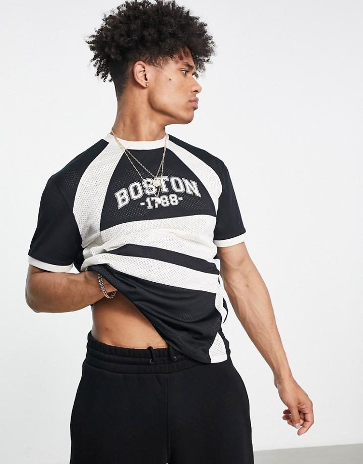 Asos Design T-shirt In Black And White Sporty Mesh With Boston City Print