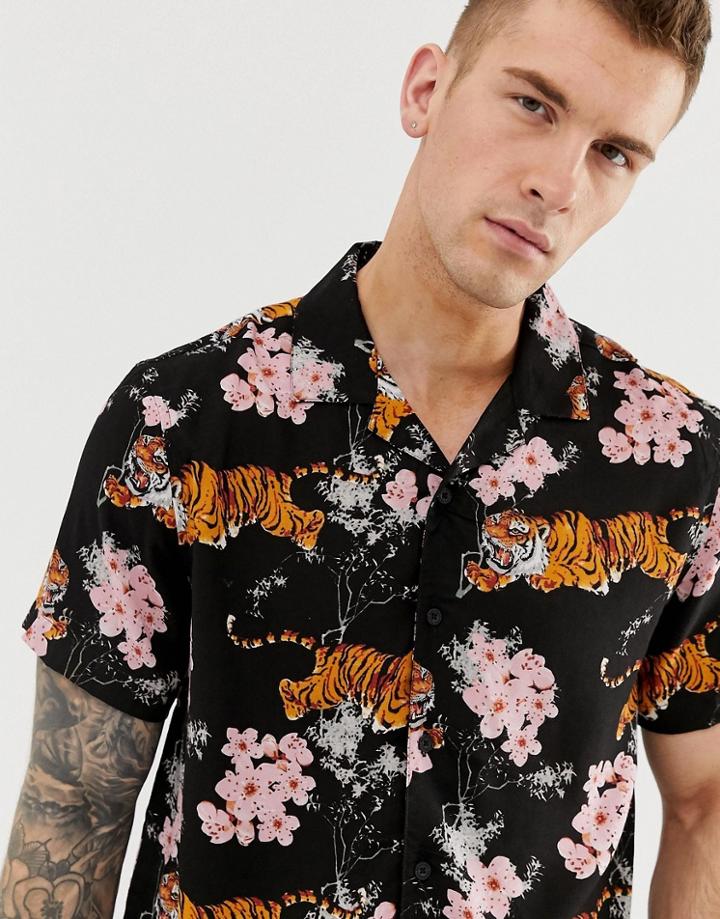 Brave Soul All Over Tiger Print Shirt With Revere Collar - Black