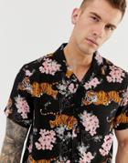 Brave Soul All Over Tiger Print Shirt With Revere Collar - Black