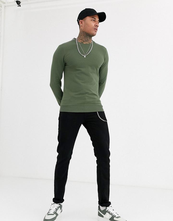 Asos Design Muscle Sweatshirt In Khaki With Silver Neck Zips-green