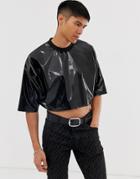 Asos Design Oversized Cropped T-shirt In Black Vinyl Fabric - Black