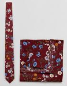 Asos Floral Tie And Pocket Square Pack In Burgundy - Red