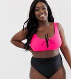 Asos Design Curve Rib Lace Up Crop Bikini Top In Washed Neon Pink - Pink