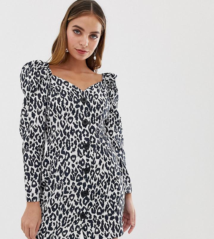 Asos Design Petite Off Shoulder Button Through Mini Dress With Long Sleeves In Animal Print-multi