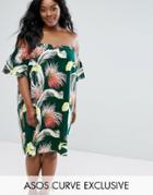 Asos Curve Off Shoulder Smock Dress In Tropical Print - Multi