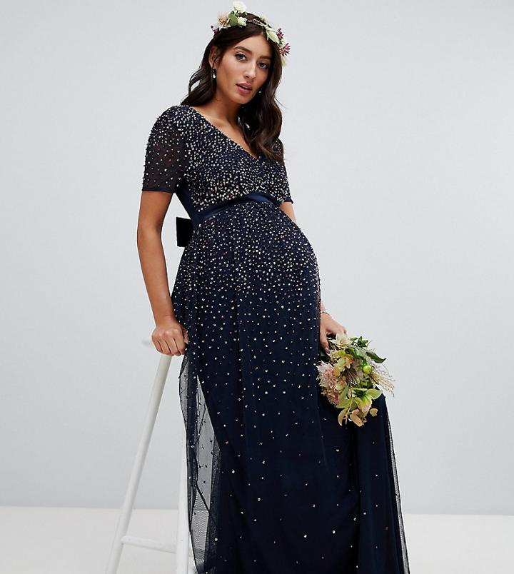 Maya Maternity V Neck Maxi Tulle Dress With Contrast Tonal Delicate Sequins In Navy - Navy