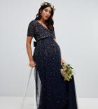 Maya Maternity V Neck Maxi Tulle Dress With Contrast Tonal Delicate Sequins In Navy - Navy