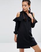 Asos Cold Shoulder Shirt Dress With Ruffle - Black