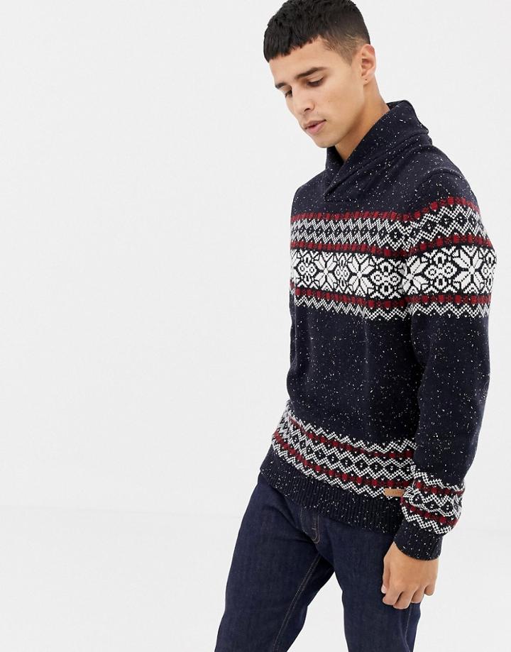 Esprit Shawl Neck Sweater In Fairisle In Wool Blend In Navy - Navy
