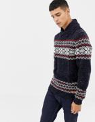 Esprit Shawl Neck Sweater In Fairisle In Wool Blend In Navy - Navy