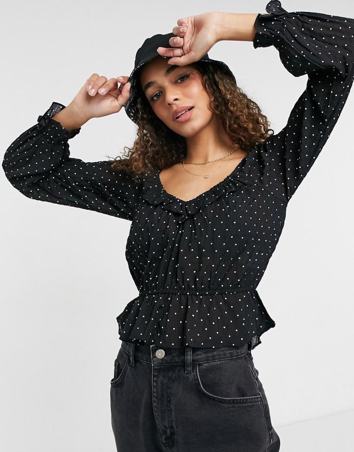 Brave Soul Gianina Ruffle Neck Blouse In Polka Dot-black