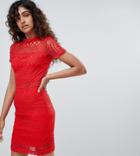 Parisian Tall High Neck Short Sleeve Lace Shift Dress-red